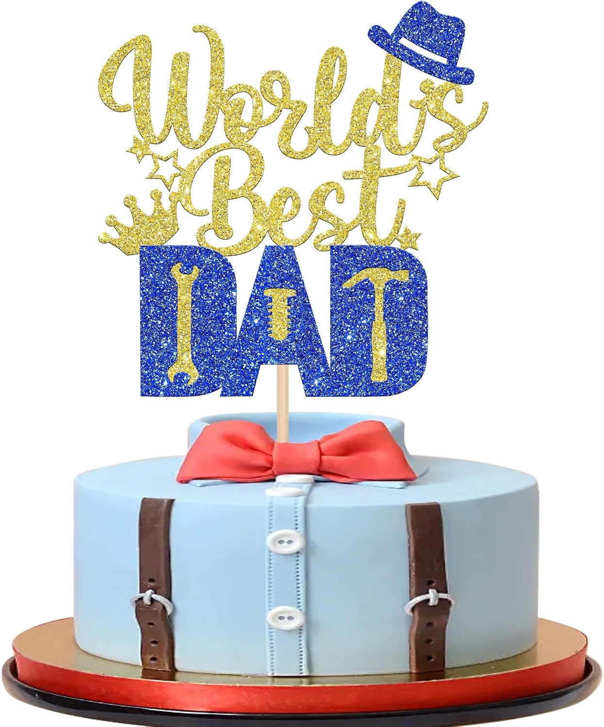 1 Pack Happy Father's Day Cake Topper Glitter World's Best Dad Cake Pick Hat Tool Love Dad Cake Decoration for Happy Father's day Theme Men Birthday Party Supplies Gold