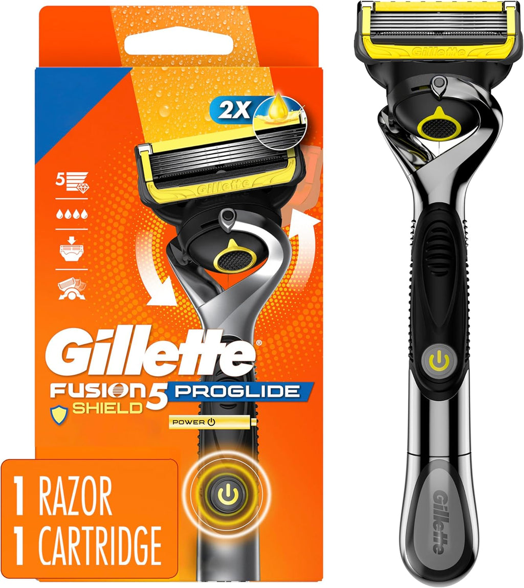 Gillette Fusion5 ProGlide Shield Shaving Razor for Men, 1 Power Razor Handle, 1 Refill, 2x Lubrication, Battery-Powered with FlexBall Handle and Precision Trimmer for Men