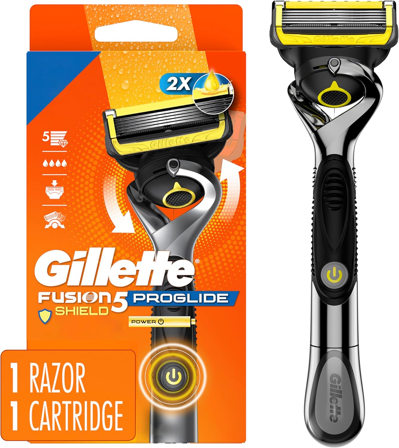 Gillette Fusion5 ProGlide Shield Shaving Razor for Men, 1 Power Razor Handle, 1 Refill, 2x Lubrication, Battery-Powered with FlexBall Handle and Precision Trimmer for Men