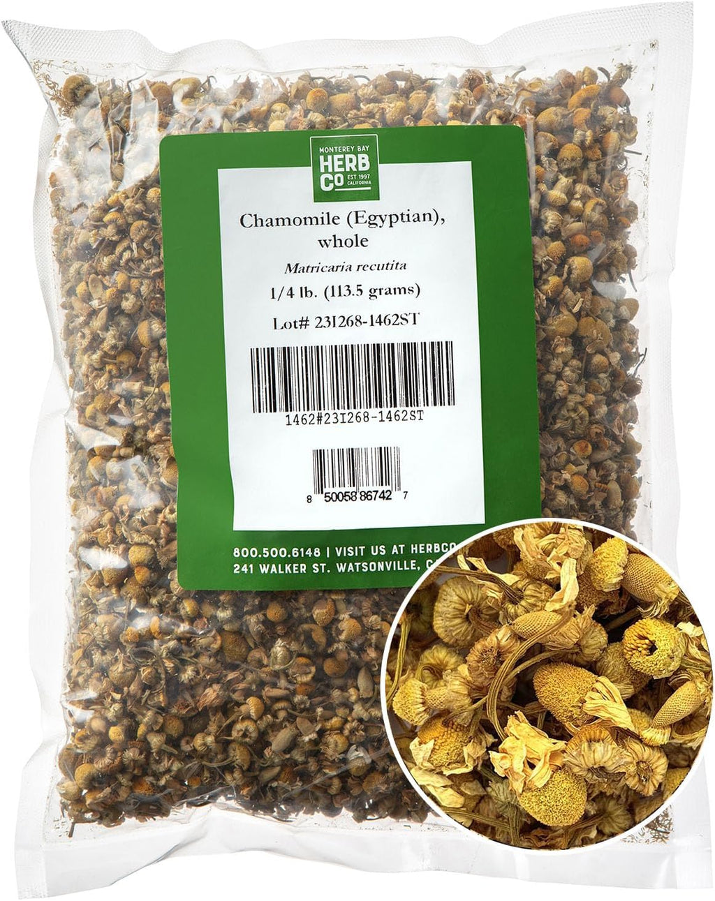 Egyptian Chamomile Whole Flowers, by Herb Co, Premium Matricaria Recutita, Mildly Scented with Apple-Like Flavor, 1/4 lb