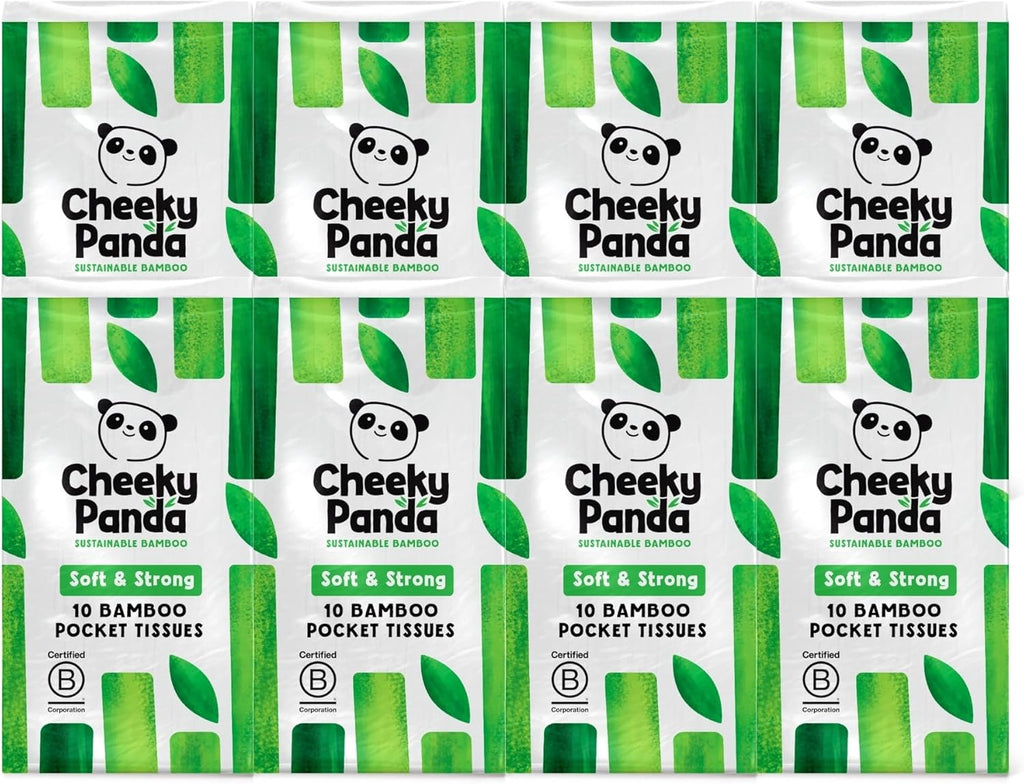 The Cheeky Panda Bamboo Pocket Tissues, 8 Pack of 10 Hypoallergenic Tissues, Ultra Soft, 3-Ply, White, Travel Size
