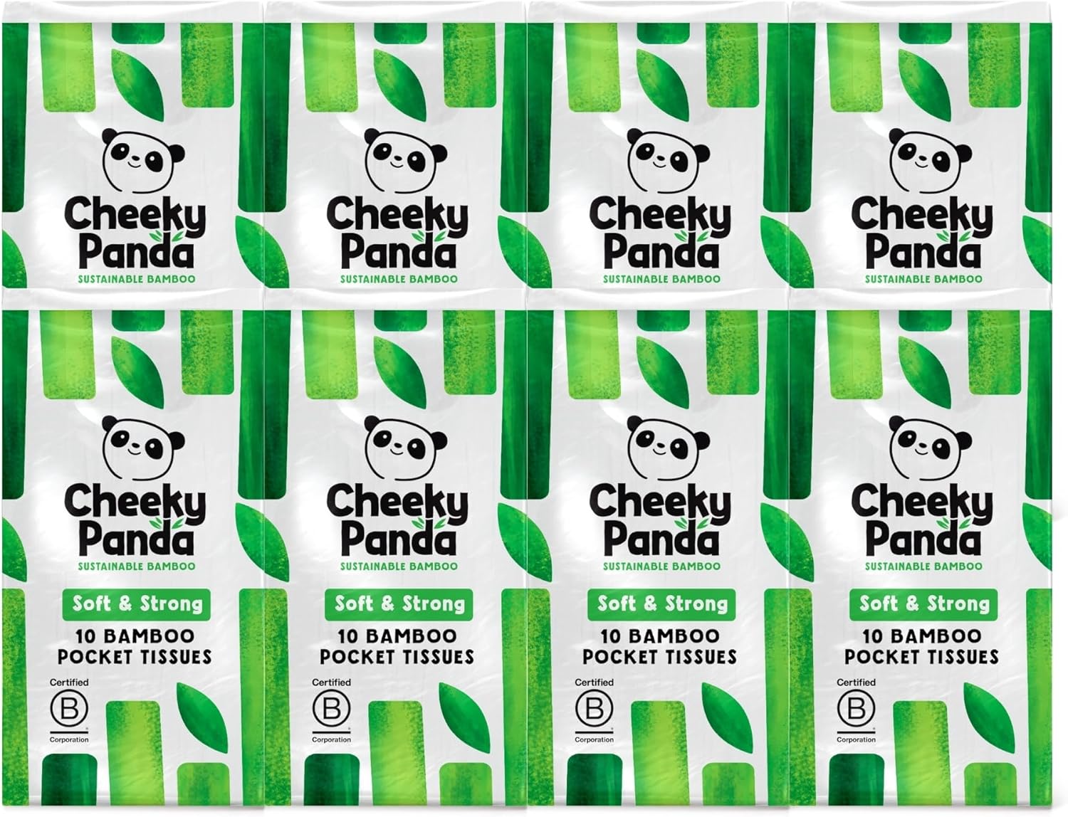 The Cheeky Panda Bamboo Pocket Tissues, 8 Pack of 10 Hypoallergenic Tissues, Ultra Soft, 3-Ply, White, Travel Size