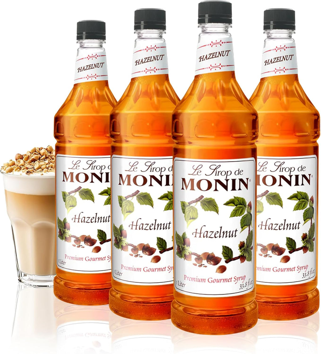 Monin - Hazelnut Syrup, Nutty Taste of Caramelized Hazelnut, Natural Flavors, Great for Mochas, Lattes, Smoothies, Shakes, and Cocktails, Non-GMO, Gluten-Free (1 Liter, 4-Pack)