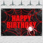 Black Red Spider Web Happy Birthday Backdrop - Gothic Web Pattern Photo Banner for Boys Birthday Party, Dark Theme Celebration, Spooky Baby Shower, Dramatic Photography Background 72x43 Inch