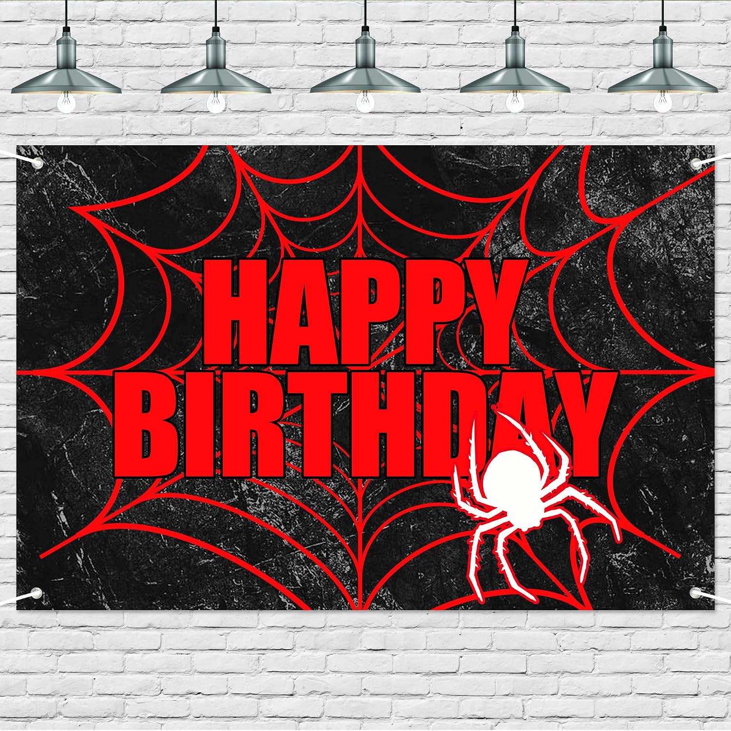 Black Red Spider Web Happy Birthday Backdrop - Gothic Web Pattern Photo Banner for Boys Birthday Party, Dark Theme Celebration, Spooky Baby Shower, Dramatic Photography Background 72x43 Inch