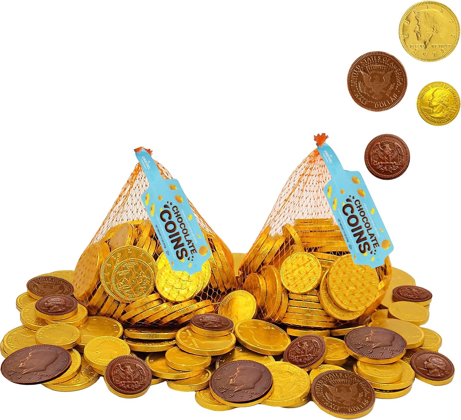 Milk Chocolate Coins, 2-Pack Large Mesh Bag contains 70 Half Dollar Coins, for ST. Patrick's Day Made with Premium Nut-Free Belgian Chocolate, Kosher Certified Dairy, Approx. 70 Chocolates Per Bag Total 140 Coins