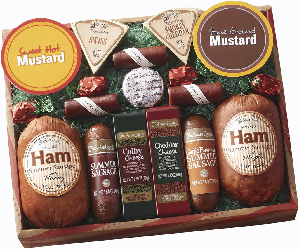 The Swiss Colony 14 Country Favorites Gift Box Assorted Summer Sausage Meats and Cheeses, Mustards, Candies, Charcuterie Food Box for Holiday or Thank You Gifts Adults, Women, Men, Charcuterie Boards