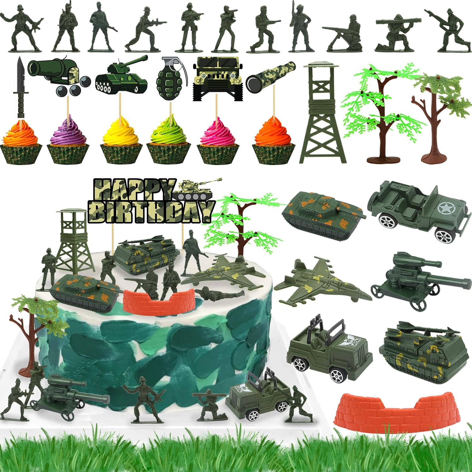 35pcs Camo Cake Cupcake Toppers Camouflage Cake Decorations Army Military Party Supplies with Camo Happy Birthday Cake Topper Army Men Tanks Vehicles for Army Military Themed Party Boys Girls Veteran