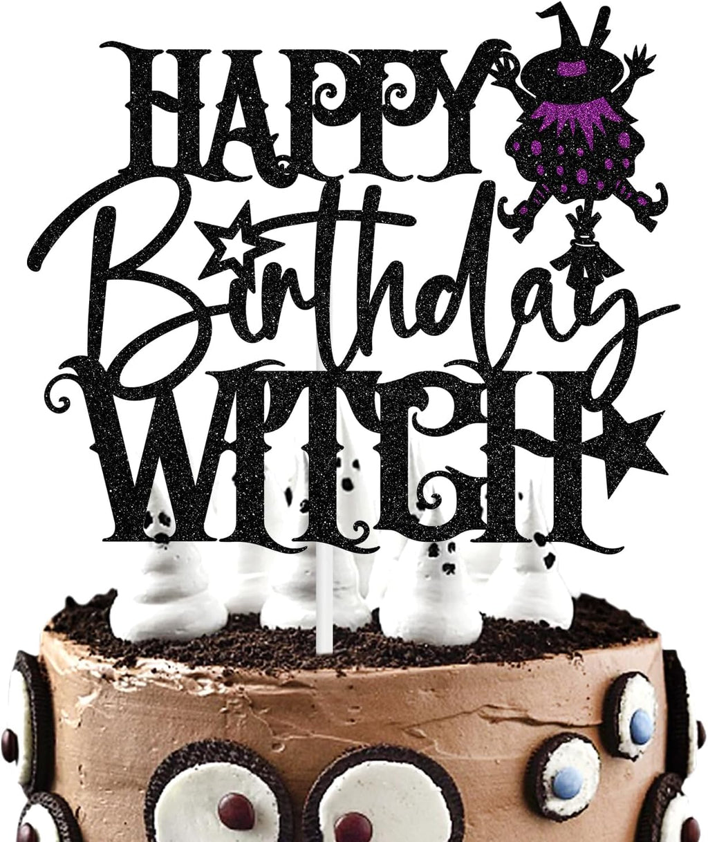 Happy Birthday Witch Cake Topper, Hocus Pocus Theme Cake Decor, Halloween Birthday Party Decorations Supplies for Girls Women, Black and Purple Glitter