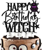 Happy Birthday Witch Cake Topper, Hocus Pocus Theme Cake Decor, Halloween Birthday Party Decorations Supplies for Girls Women, Black and Purple Glitter