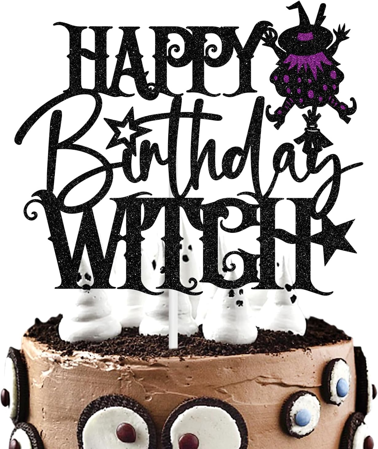 Happy Birthday Witch Cake Topper, Hocus Pocus Theme Cake Decor, Halloween Birthday Party Decorations Supplies for Girls Women, Black and Purple Glitter