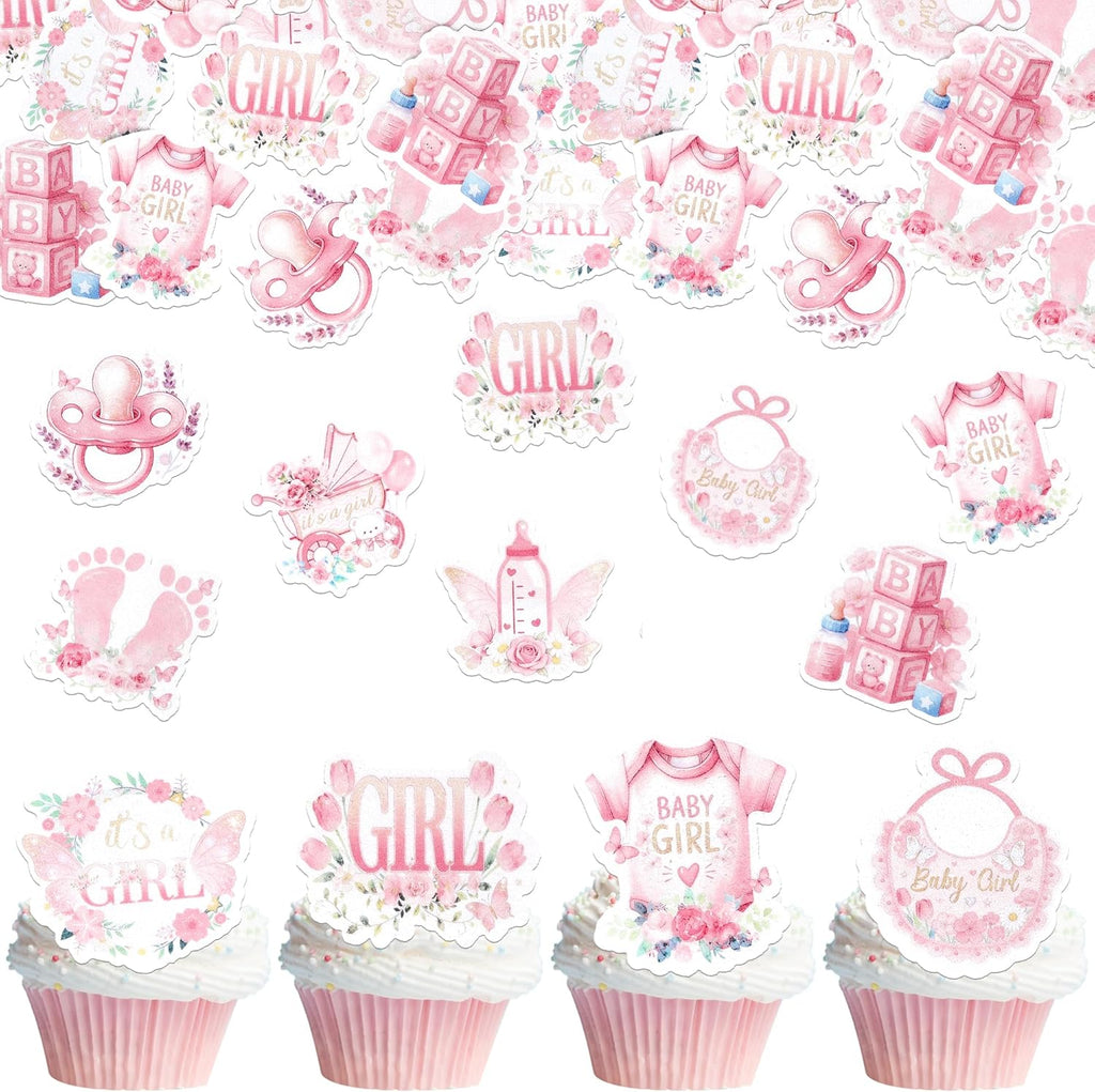 63 PCS Edible Baby Shower Cupcake Toppers Bottle Carriage Oh Baby Girl Cupcake Picks Edible It's a Girl Cupcake Decorations for Gender Reveal Baby Shower Birthday Party Cake Decorations Supplies Pink