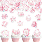 63 PCS Edible Baby Shower Cupcake Toppers Bottle Carriage Oh Baby Girl Cupcake Picks Edible It's a Girl Cupcake Decorations for Gender Reveal Baby Shower Birthday Party Cake Decorations Supplies Pink