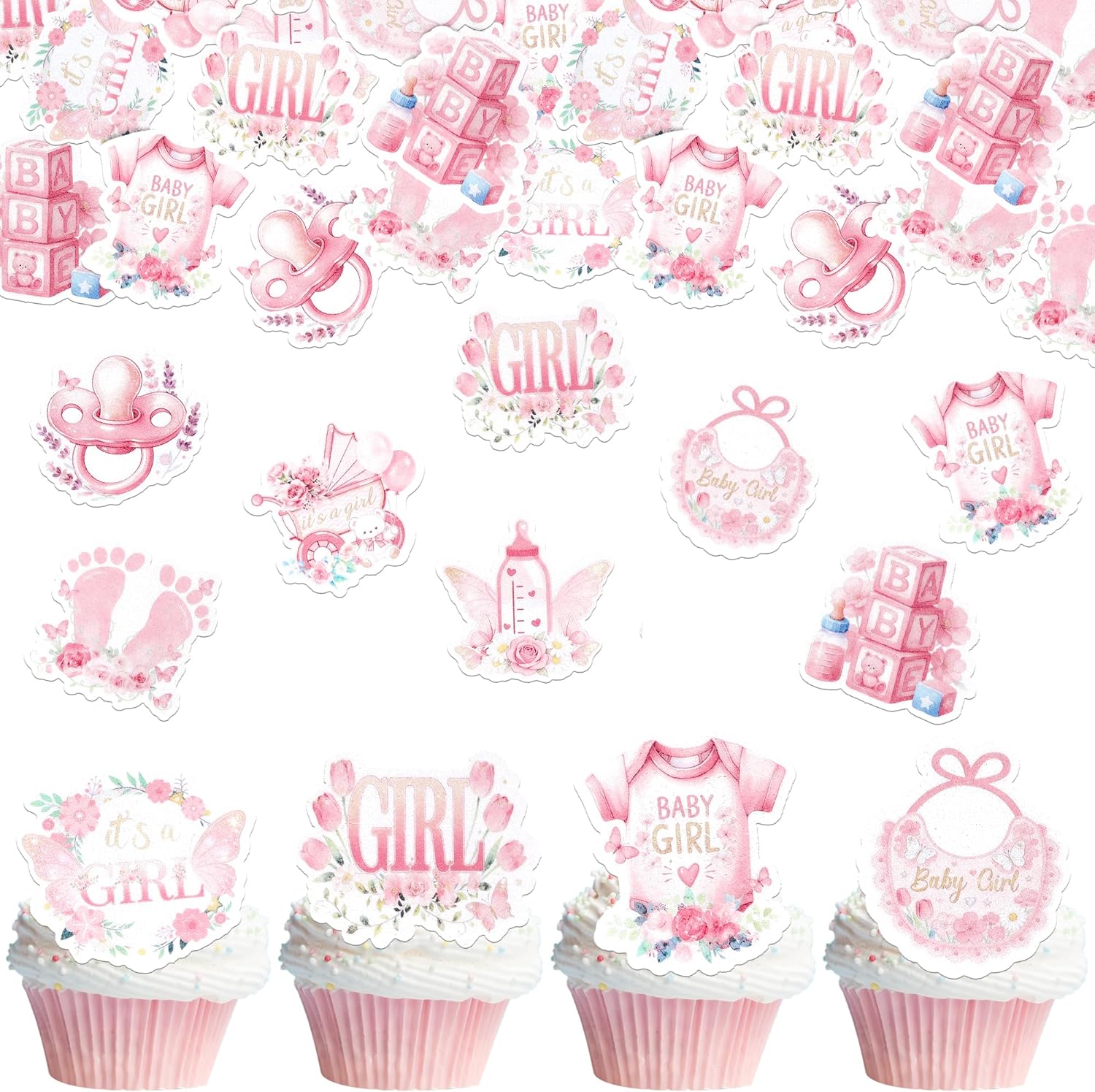 63 PCS Edible Baby Shower Cupcake Toppers Bottle Carriage Oh Baby Girl Cupcake Picks Edible It's a Girl Cupcake Decorations for Gender Reveal Baby Shower Birthday Party Cake Decorations Supplies Pink