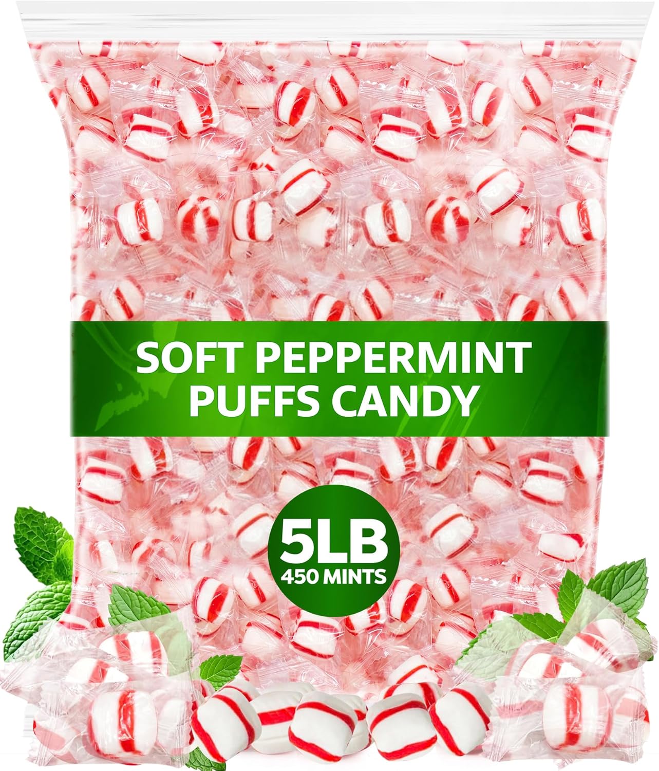 Soft Peppermint Puffs, 450 Mints, For Offices And Guests, Creamy Melt-In-Your-Mouth Candy, Individually Wrapped For Freshness, 5 Pound Bag For Candy Dishes, Parties And Coffee Stations