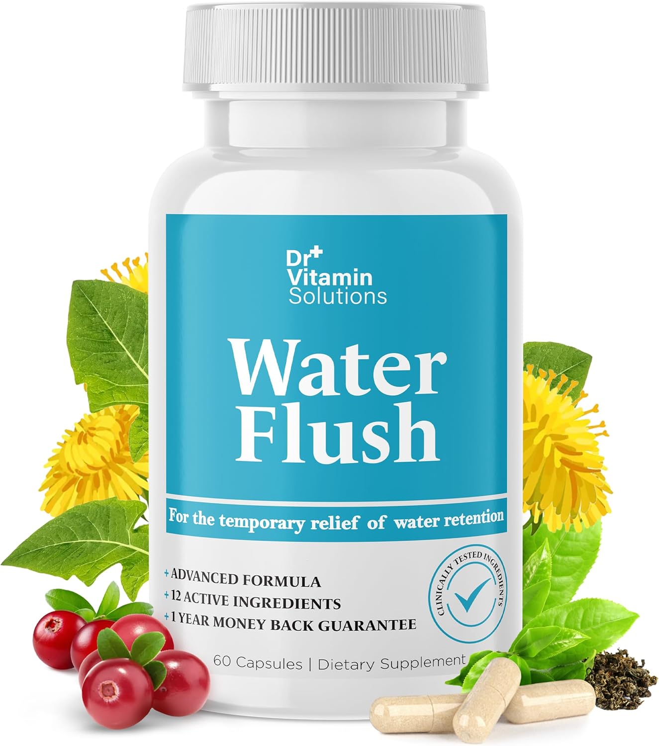 Diuretic Water Pills for Weight Control, 12 Active Ingredients (Green Tea, Cranberry & More), Instant Relief from Bloat & Swelling, Water Retention Pills for Women & Men - 60 Capsules