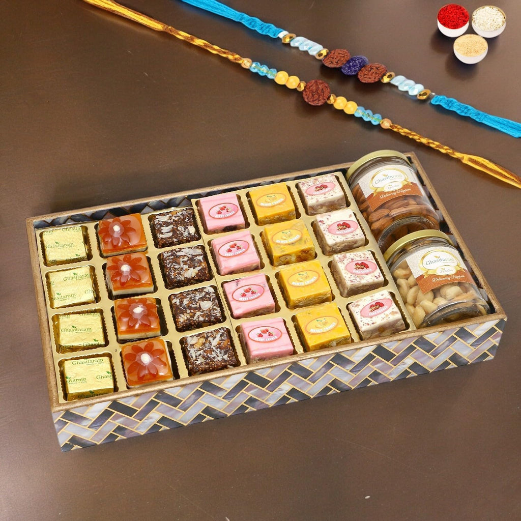 Ghasitaram Gifts Rakhi Gifts for Brothers Big Printed Tray of Assorted Bites, Roasted Cashews and Almonds Jars with 2 Blue Rudraksh Rakhis
