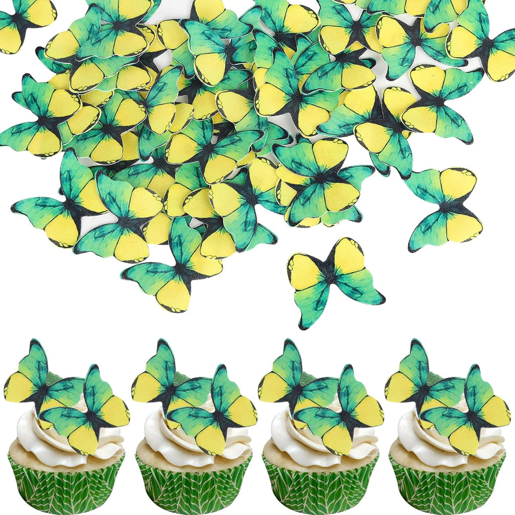 48PCS Edible Butterfly Cupcake Toppers - Edible Butterflies Cake Decoration for Wedding, Birthday, Baby Shower & Kids Parties - Yellow & Green