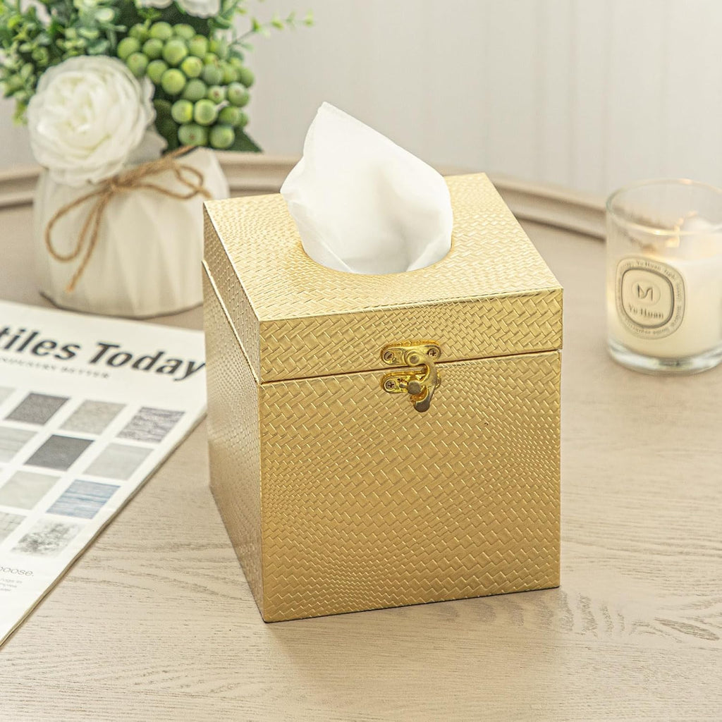 Gold Tissue Box Cover, Elegant Square Tissue Box Holder for Bathroom, Bedroom, and Office, Modern Decorative Tissue Box for Home Décor