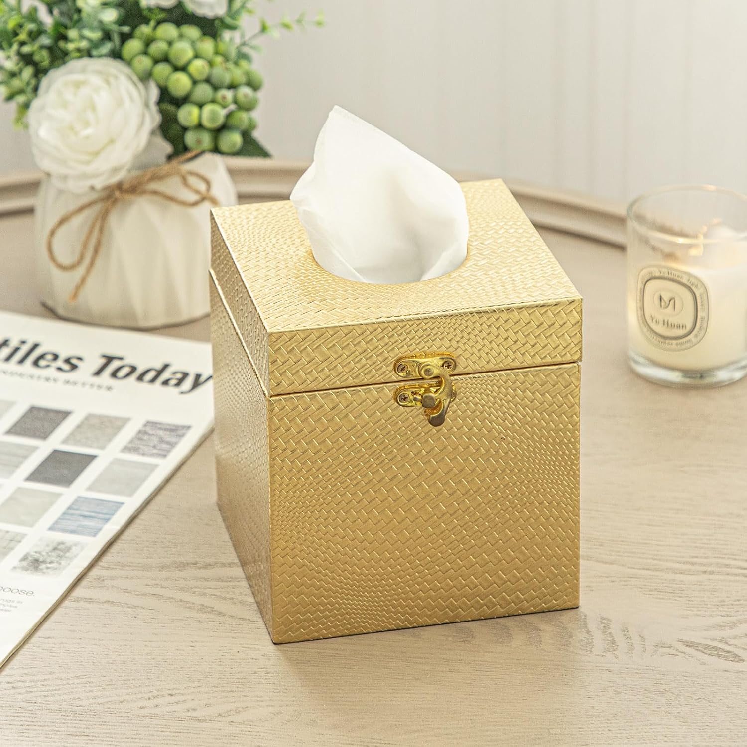 Gold Tissue Box Cover, Elegant Square Tissue Box Holder for Bathroom, Bedroom, and Office, Modern Decorative Tissue Box for Home Décor
