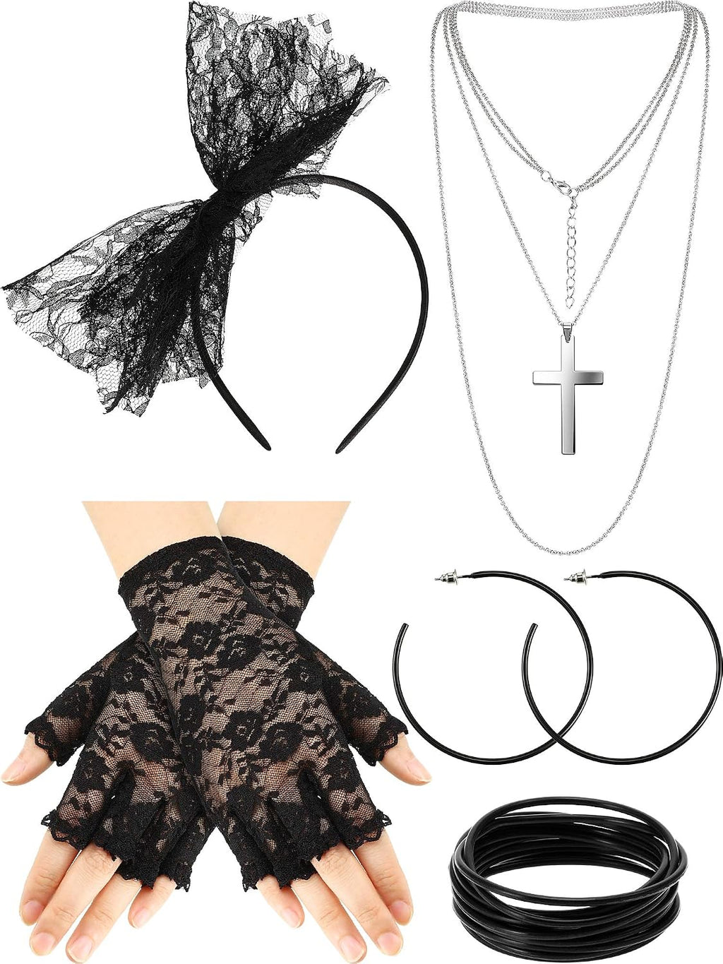 Blulu 80s Fancy Dress Costume Accessories Lace Headband Earrings Fishnet Gloves Necklace Bracelet for 80s Retro Party (Black)