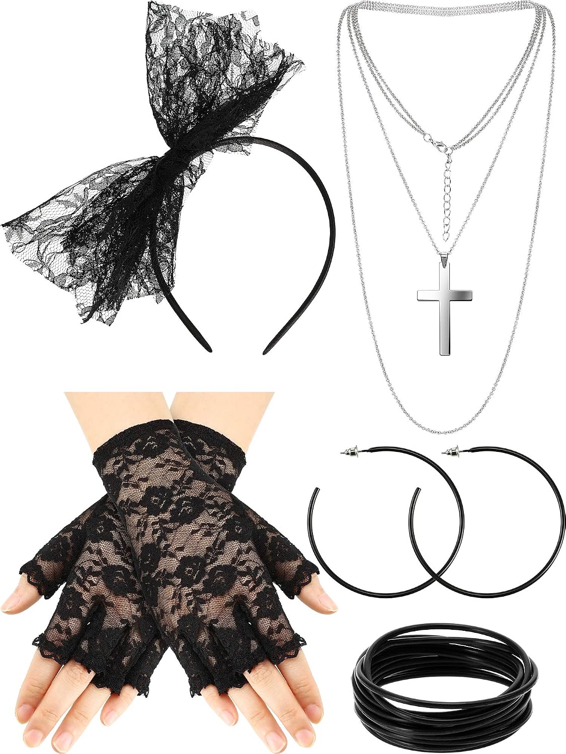 Blulu 80s Fancy Dress Costume Accessories Lace Headband Earrings Fishnet Gloves Necklace Bracelet for 80s Retro Party (Black)