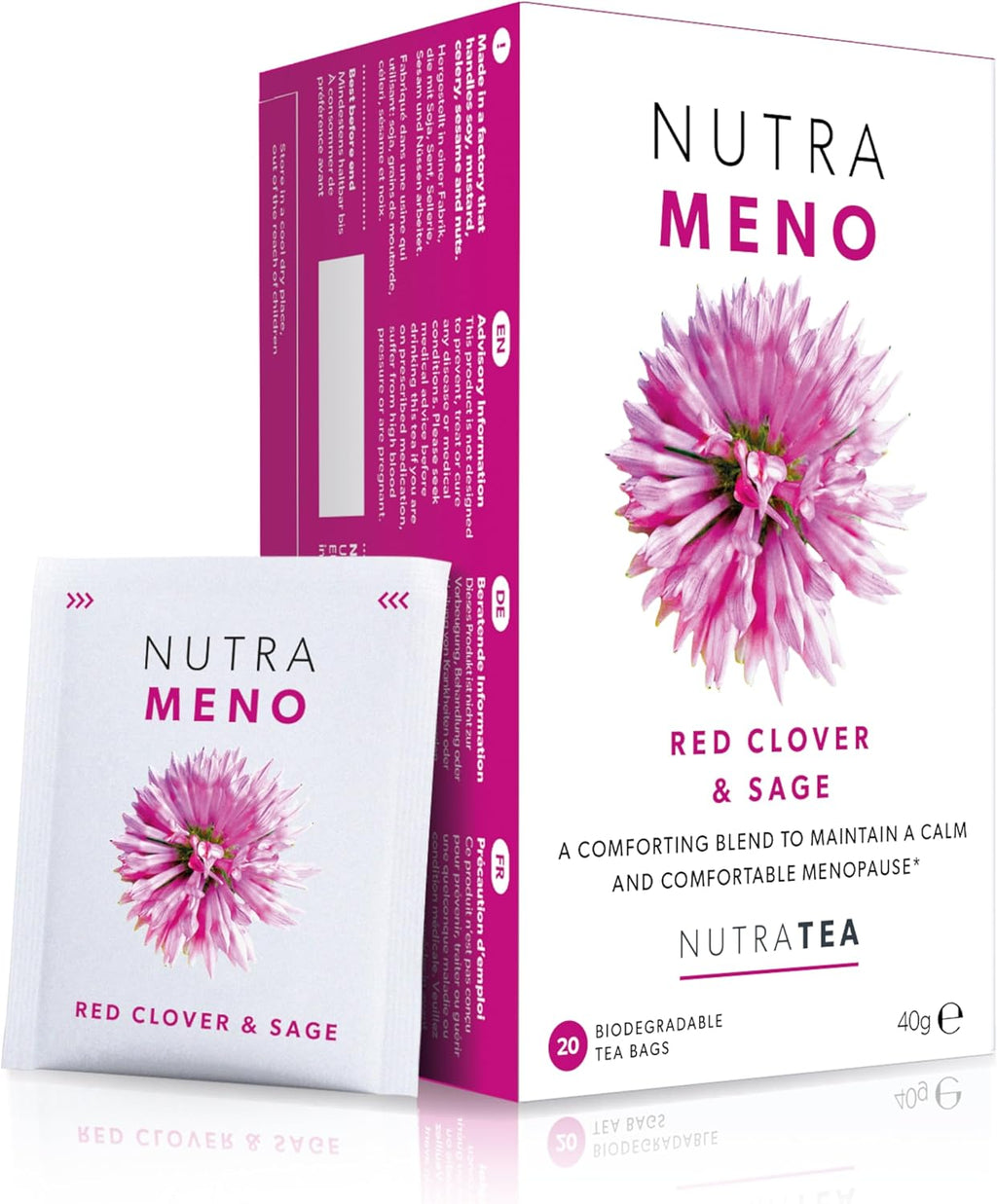 Nutra Tea NutraMeno - Menopause Tea, Red Clover Tea - Perimenopause & Menopause Relief For Women - Includes Red Clover, Sage & Rose - 20 Individually Wrapped Bags - Herbal Infusion (1 Pack)