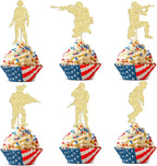 Gyufise 24Pcs Military Soldier Cupcake Toppers Glitter Military Theme Cupcake Picks for Navy Army Special Forces Veteran's Day Men Boys Birthday Party Cake Decorations Supplies Gold