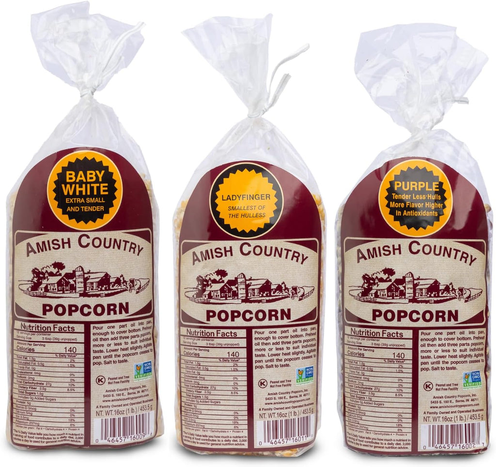 Amish Country Popcorn | 3-1 lb Bags | 1 lb Baby White, 1 lb Ladyfinger, and 1 lb Purple Popcorn Kernels Variety Pack | Old Fashioned, Non-GMO and Gluten Free (3-1 lb Bags)
