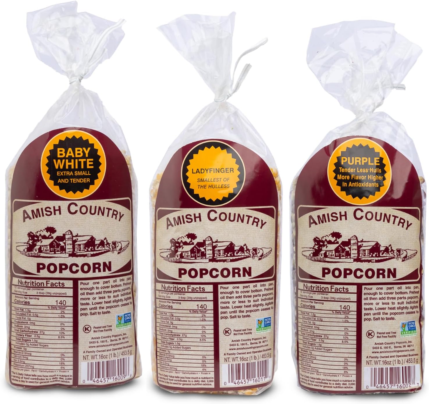 Amish Country Popcorn | 3-1 lb Bags | 1 lb Baby White, 1 lb Ladyfinger, and 1 lb Purple Popcorn Kernels Variety Pack | Old Fashioned, Non-GMO and Gluten Free (3-1 lb Bags)