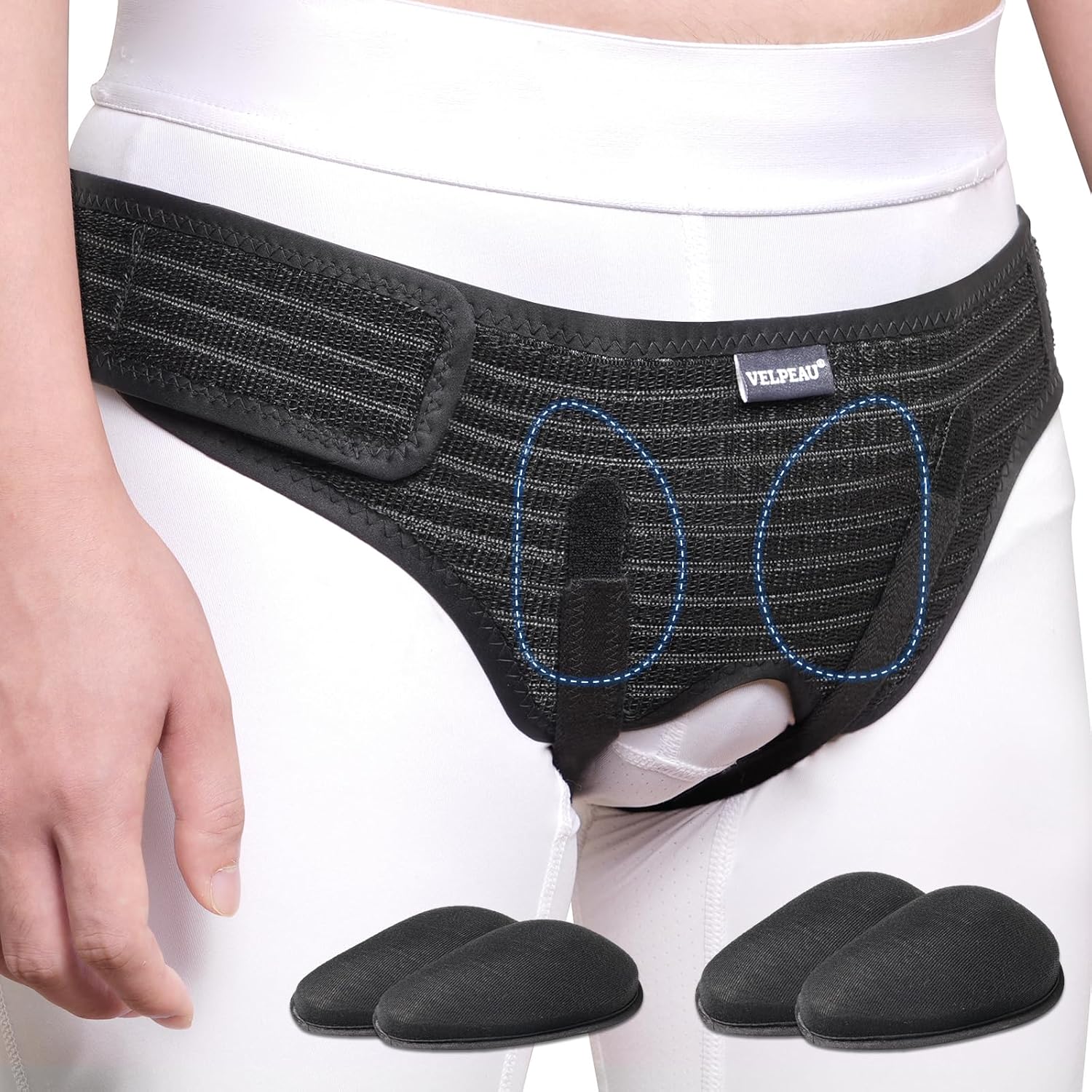 VELPEAU Hernia Belt for Men & Women - Bilateral/Double Inguinal, Groin Hernia Support Truss Underwear Briefs, Pain Relief Recovery Adjustable Strap with 2 Removable Medical Compression Pads (Black, M)