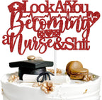 Look at You Becoming a Nurse Cake Topper, Congrats RN/BSN/LPN/NP Cake Decor, Nurse Grad Graduation Party Decorations Supplies, Red Glitter