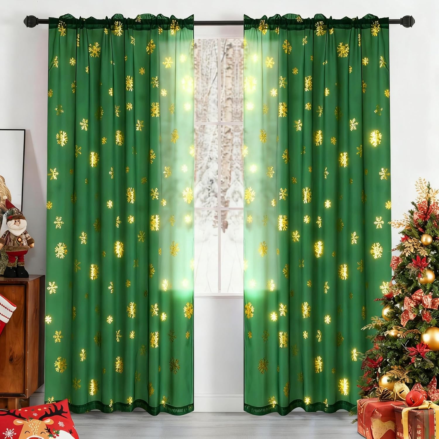 MikiUp Christmas Snowflakes Sheer Curtains, Gold Foil Printed Semi Sheer Drapes, Rod Pocket Xmas Decoration Window Treatment Panels for Bedroom Living Room, Green 52 x 84 inch