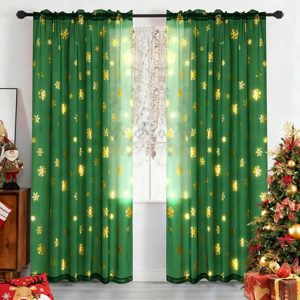 MikiUp Christmas Snowflakes Sheer Curtains, Gold Foil Printed Semi Sheer Drapes, Rod Pocket Xmas Decoration Window Treatment Panels for Bedroom Living Room, Green 52 x 95 inch