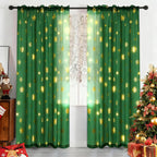 MikiUp Christmas Snowflakes Sheer Curtains, Gold Foil Printed Semi Sheer Drapes, Rod Pocket Xmas Decoration Window Treatment Panels for Bedroom Living Room, Green 52 x 95 inch