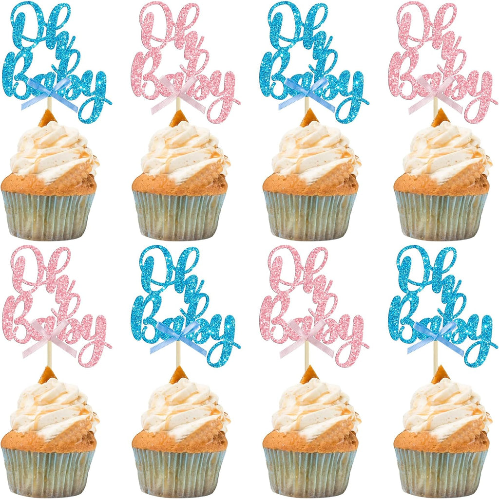 Gyufise 36Pcs Oh Baby Cupcake Toppers Pink Blue Bow Glitter Baby Shower Gender Reveal Cupcake Picks for Boy or Girl Theme Baby Shower Kids Birthday Party Cake Decorations Supplies