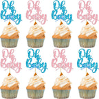 Gyufise 36Pcs Oh Baby Cupcake Toppers Pink Blue Bow Glitter Baby Shower Gender Reveal Cupcake Picks for Boy or Girl Theme Baby Shower Kids Birthday Party Cake Decorations Supplies
