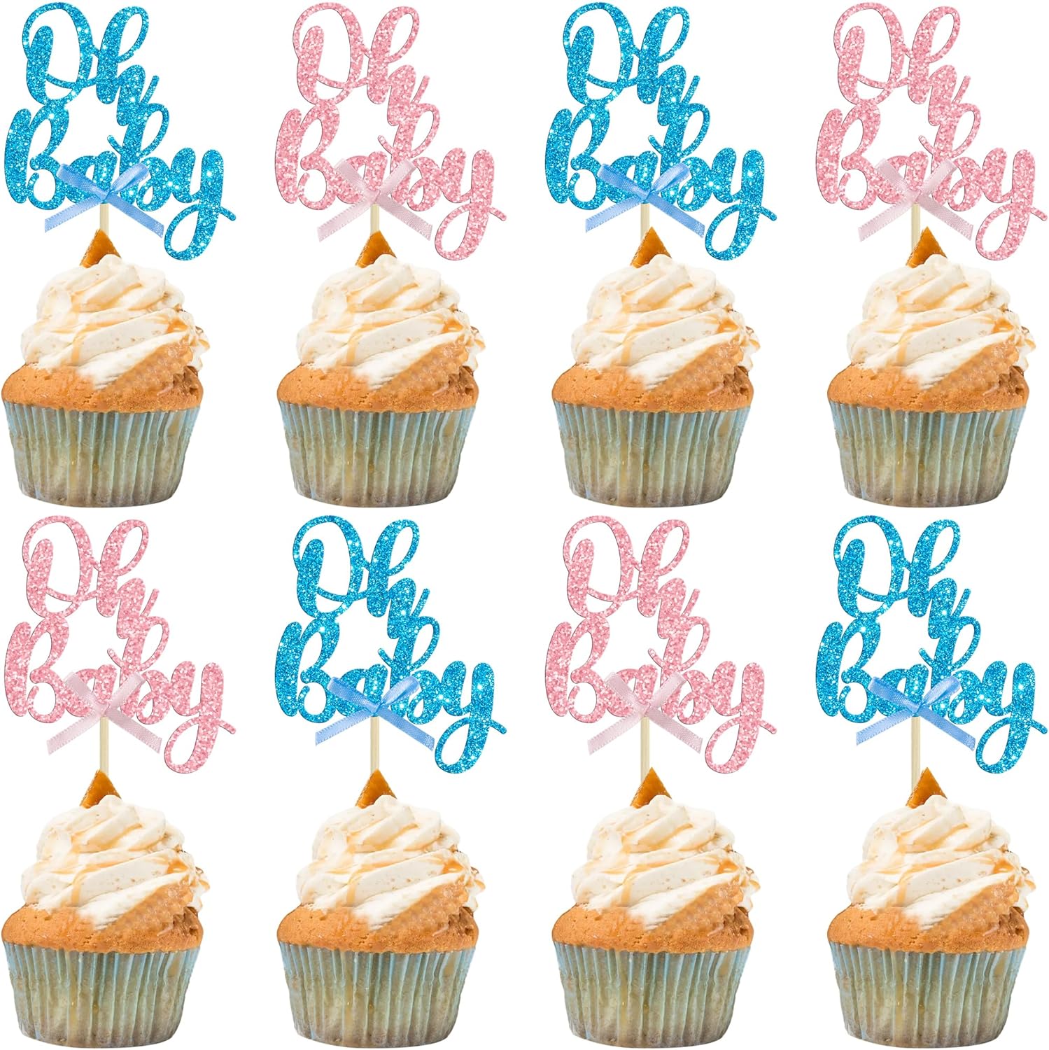 Gyufise 36Pcs Oh Baby Cupcake Toppers Pink Blue Bow Glitter Baby Shower Gender Reveal Cupcake Picks for Boy or Girl Theme Baby Shower Kids Birthday Party Cake Decorations Supplies