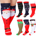 Cutecrop 6 Pairs Christmas Plus Size Compression Socks Wide Calf for Women Men 20-30 Mmhg Extra Wide Knee High Support Socks