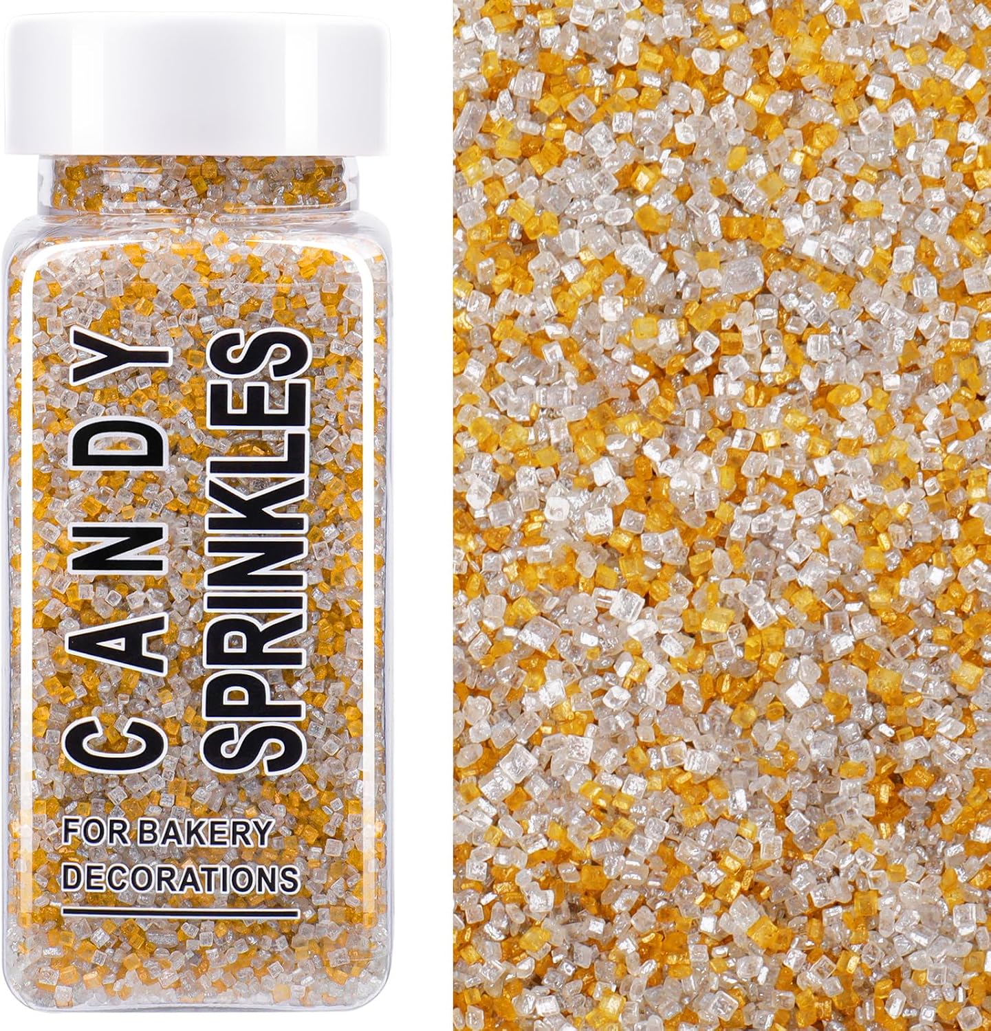 Gold Silver White Sanding Sugar Sprinkles Mix, 4.6 oz Edible Sparkling Sugar Crystals for Baking Topping, Cupcakes, Cookies, Ice Cream & Cake Decorating, Wedding Party Christmas Holiday Supplies