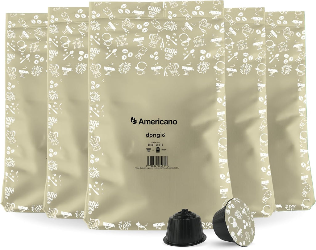 Dongiò Caffè Americano, Capsules Compatible with Nescafe Dolce Gusto system, 100 Count of Single-Serve Coffee pods (5 Boxes of 20 capsules each) Med-Light Roast | Intensity 6/10