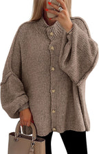 PRETTYGARDEN Women's Winter Button Down Cardigan Sweaters Mock Neck Lantern Long Sleeve Chunky Knit Jacket Trendy Outerwear