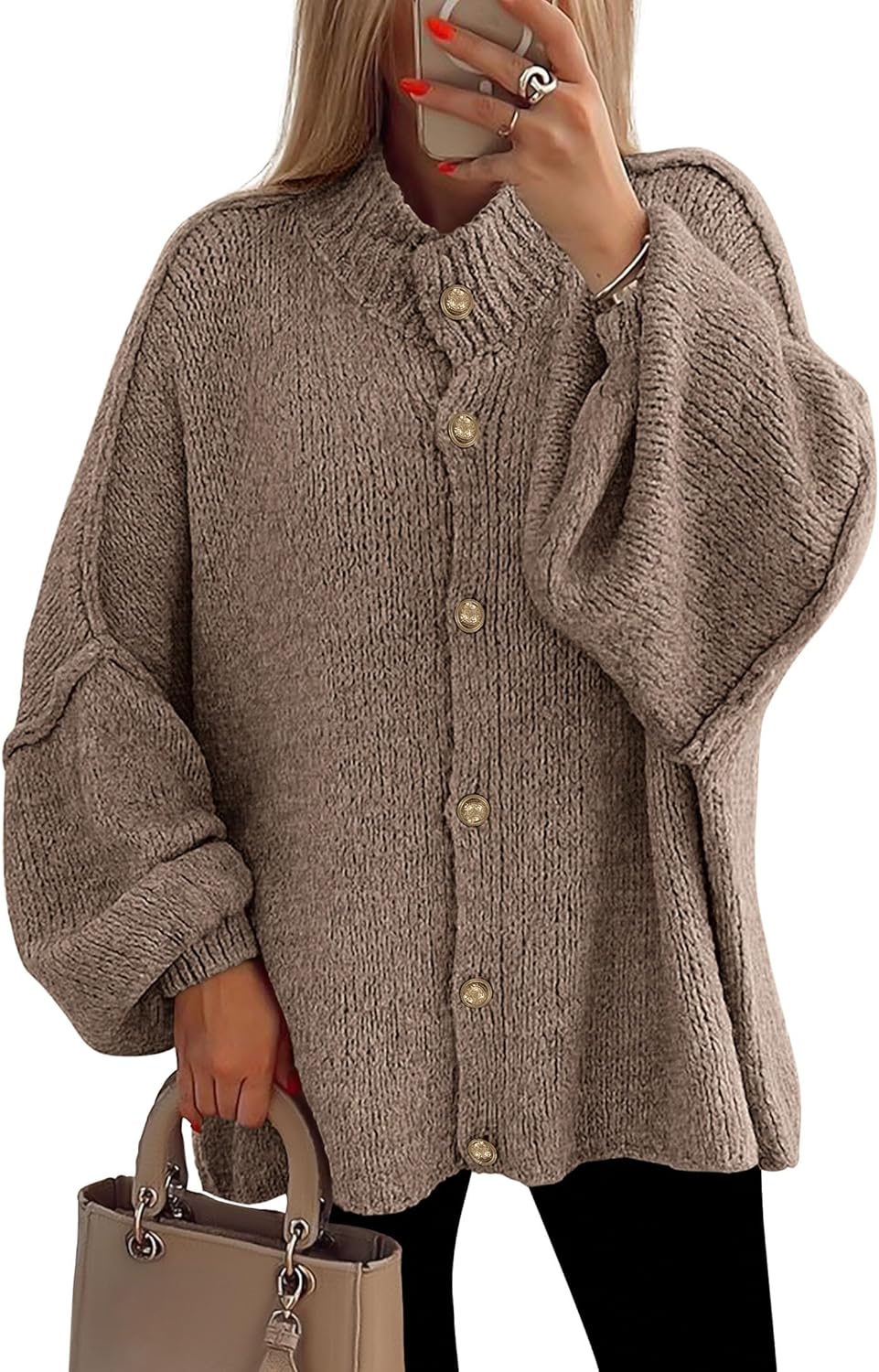 PRETTYGARDEN Women's Winter Button Down Cardigan Sweaters Mock Neck Lantern Long Sleeve Chunky Knit Jacket Trendy Outerwear