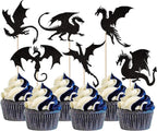 24Pack Dragon Cupcake Toppers Black Glitter Dinosaur Birthday Cupcake Picks for Flying Dragon Theme Baby Shower Kids Birthday Party Cake Decorations Supplies
