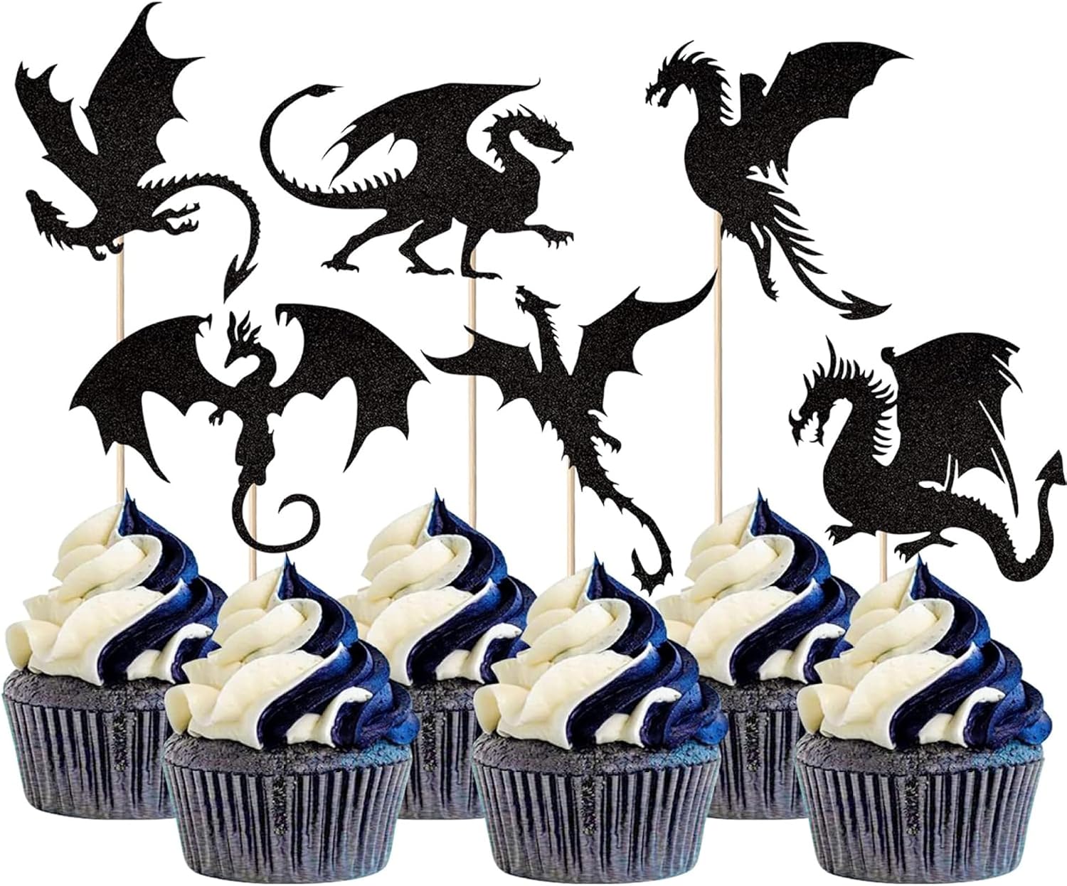 24Pack Dragon Cupcake Toppers Black Glitter Dinosaur Birthday Cupcake Picks for Flying Dragon Theme Baby Shower Kids Birthday Party Cake Decorations Supplies