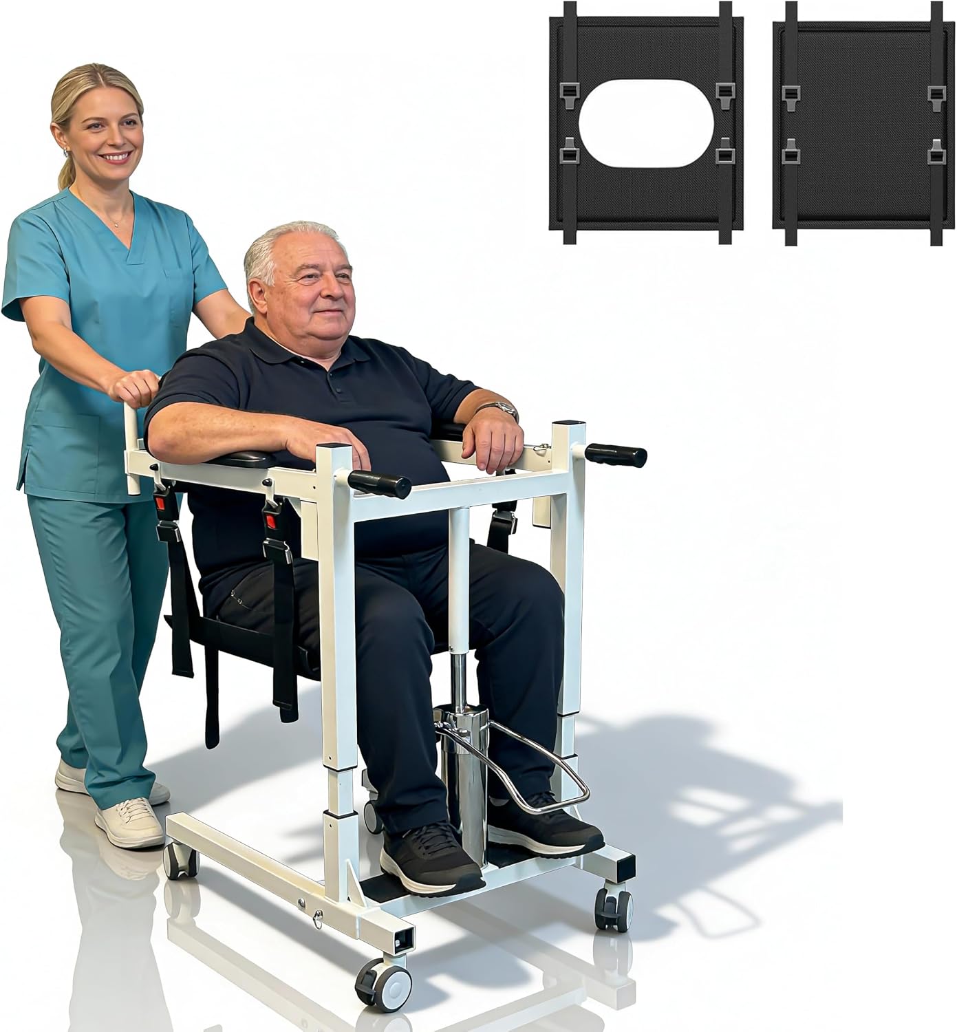 Patient Lift Transfer Chair, Hydraulic Alloy Transfer Chair for Seniors, Foldable & Portable with 32"–40" Lift Range, 300 lb Capacity, Dual Cushions for Toilet, Bed, Sofa, Wheelchair, and Car Use