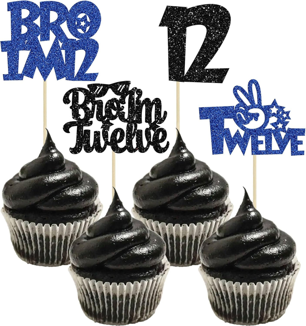Ephlyn 24Pcs Bro I'm 12 Cupcake Toppers Glitter Boy 12th Birthday Cupcake Pick Decorations for Cheers to Twelve Years Old Big Brother 12th Birthday Party Supplies