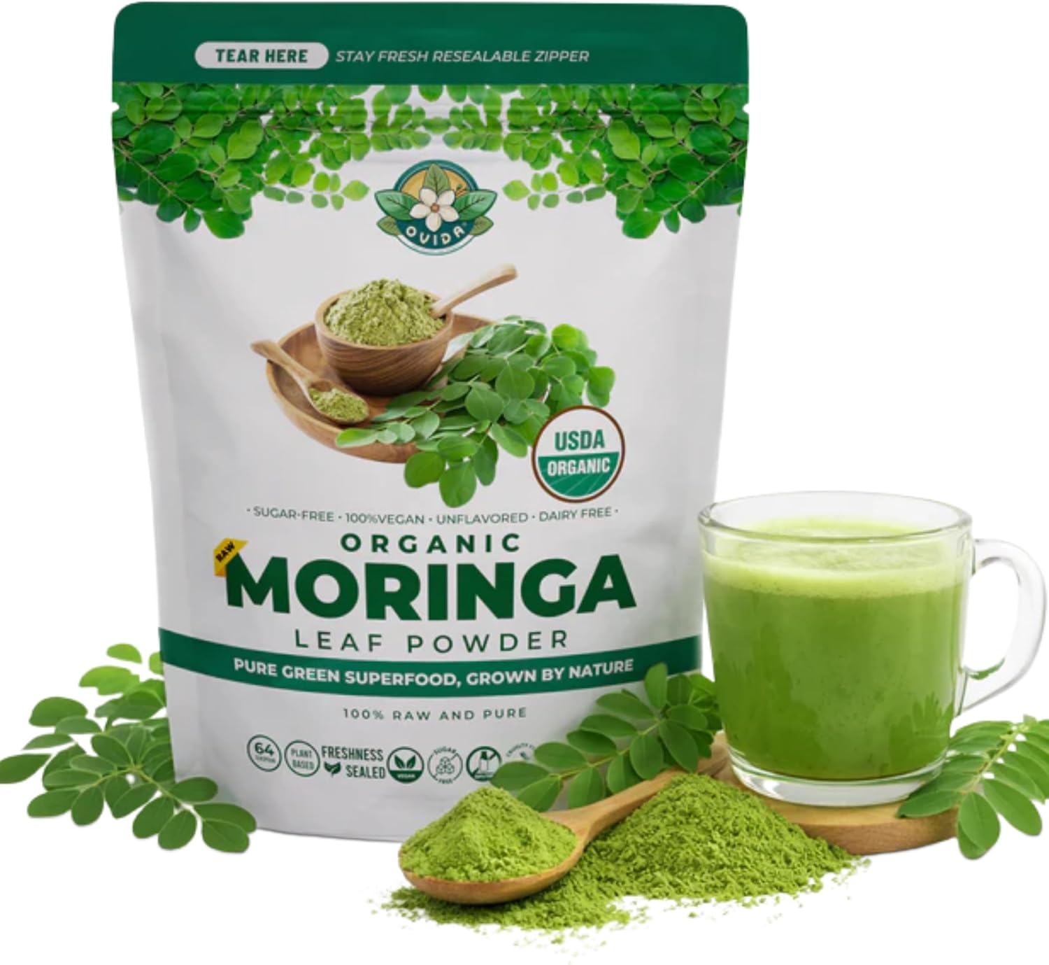 OVIDA Organic Moringa Leaf Powder, Pure Moringa Powder, Caffeine Free Green Powder, Smoothie & Tea Blend, No Additives, 4 oz (113g)