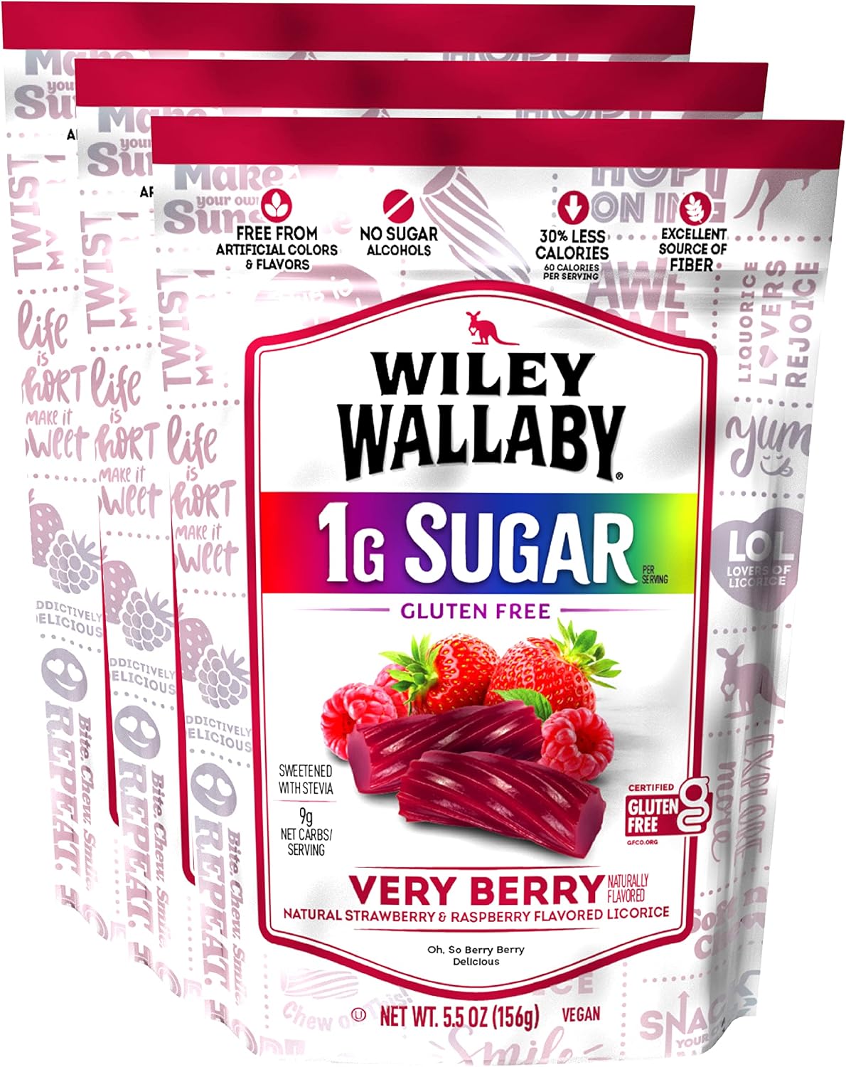 Wiley Wallaby 5.5 Ounce Very Berry Low Sugar Gluten Free Gourmet Australian Style Soft & Chewy Licorice Candy Twists (5.5 Ounce (Pack of 3))