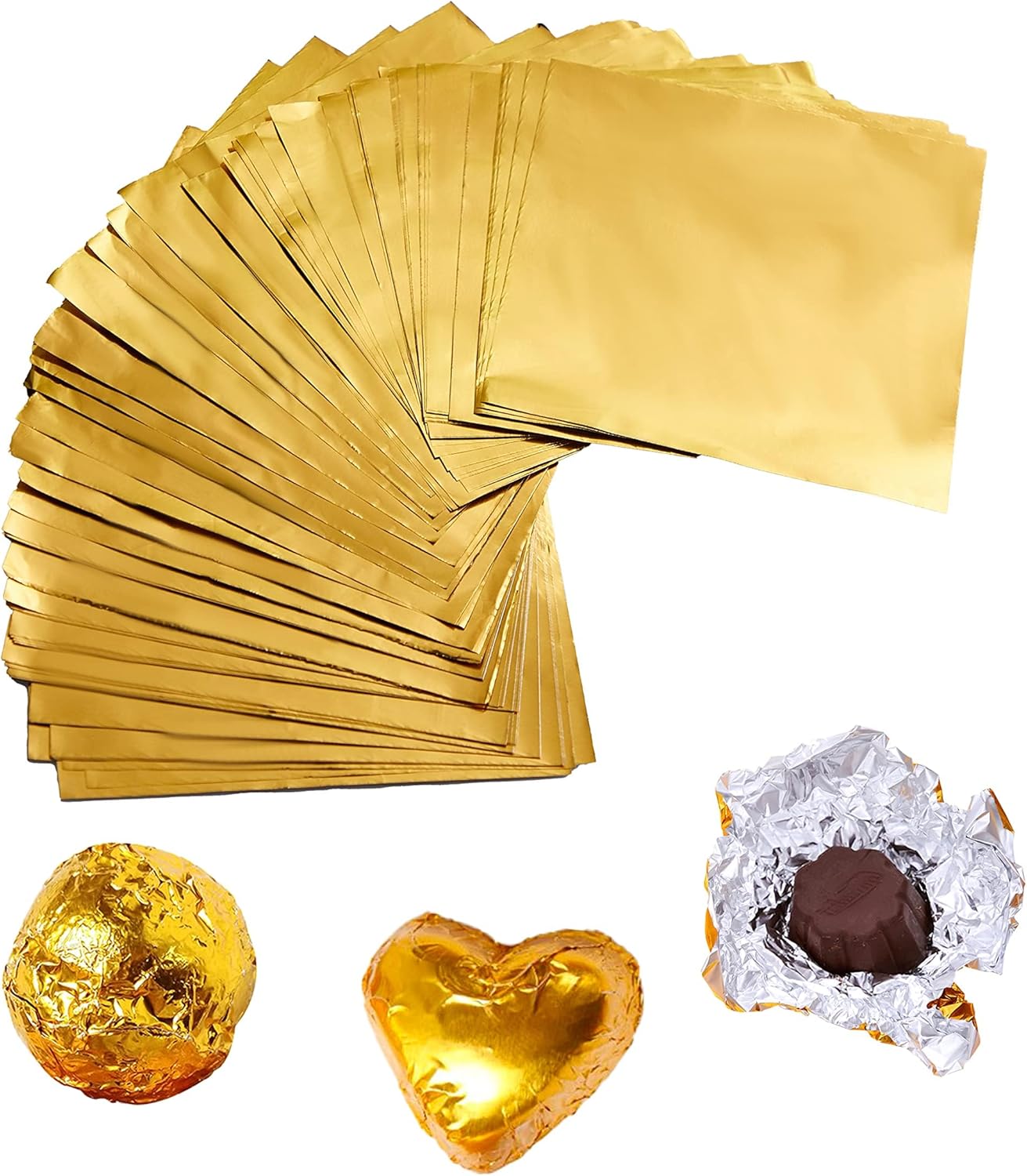 300 Pcs Square Golden Aluminium Foil Candy Wrappers Square Sweets Lolly Paper for DIY Candies and Chocolate Packaging by Party Wedding Birthday Christmas Accessories，4 by 4-Inch, Gold,